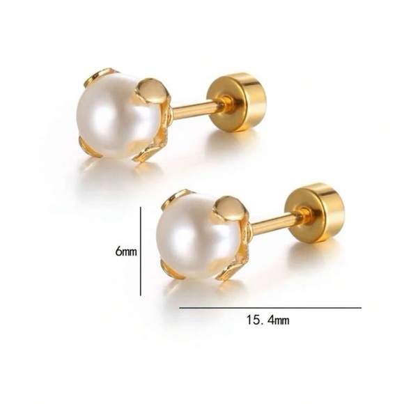 18k Plated- 16 gauge Faux Pearl Flat Back Earring Studs NWT - Picture 7 of 12
